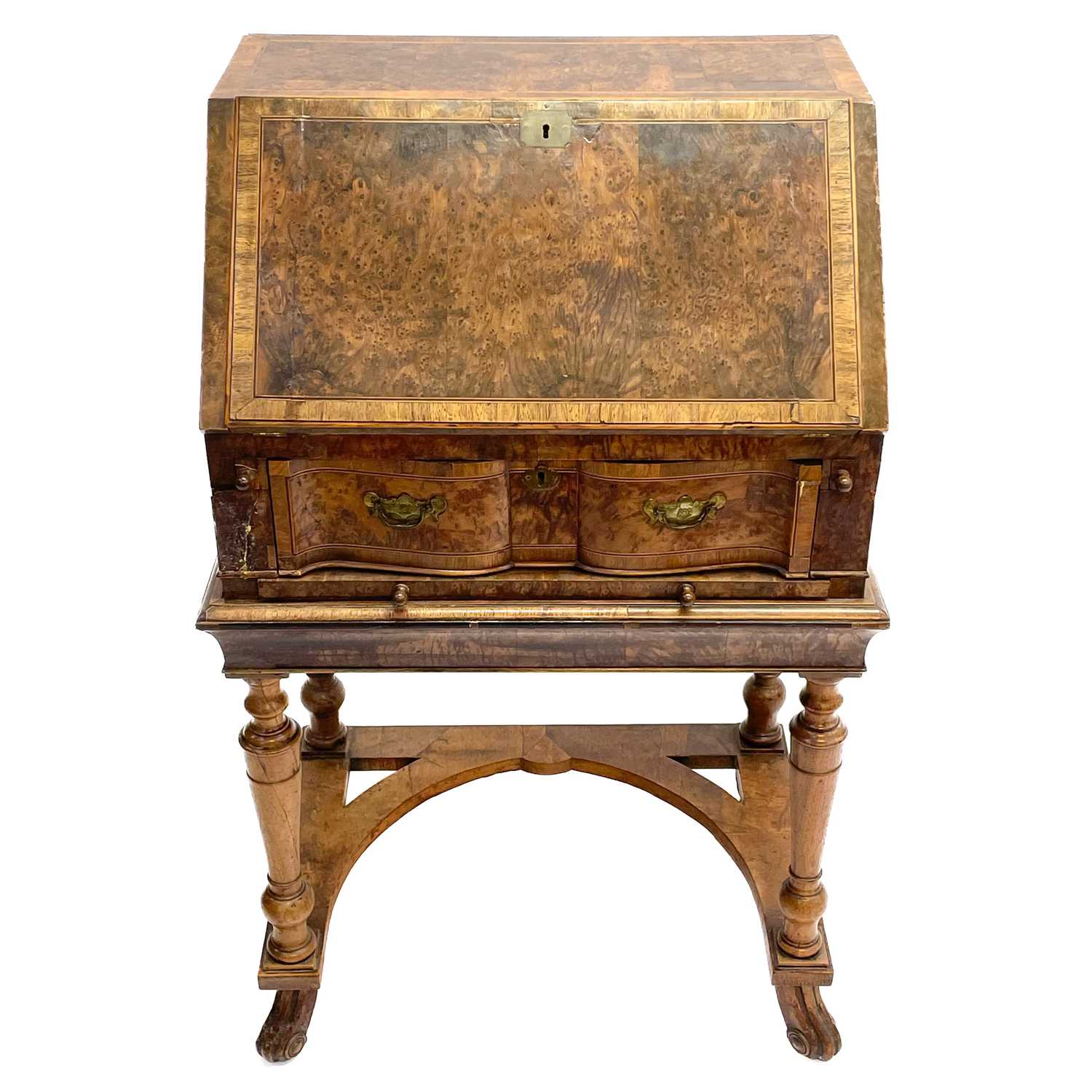 Lot 31 - A Queen Anne style burr yew and elm banded small writing bureau.