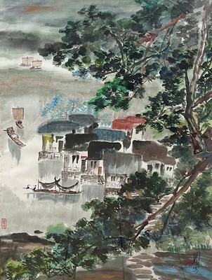 Lot 136 - A Chinese painting depicting a river scene, by Zhou Xiang, (1871-1933).