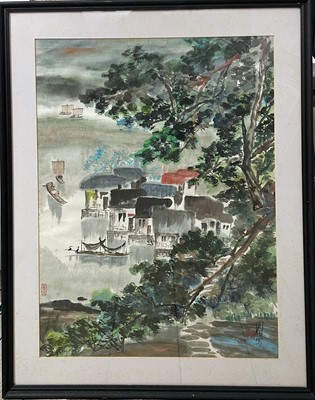 Lot 136 - A Chinese painting depicting a river scene, by Zhou Xiang, (1871-1933).