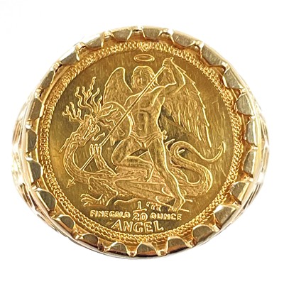 Lot 33 - A 9ct signet ring set with an Isle of Mann 1/20 ounce Angel 22ct coin.