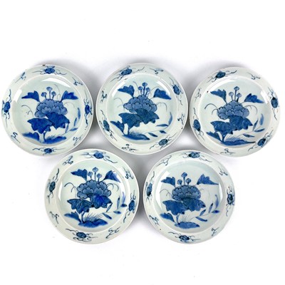 Lot 347 - Five Chinese blue and white porcelain plates, possibly 18th century.