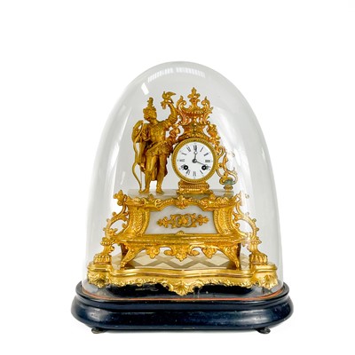 Lot 1702 - A French gilt spelter and alabaster mantel clock under a glass dome.