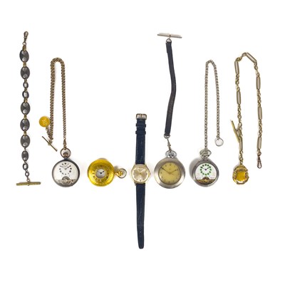 Lot 460 - Four various pocket watches, an Ingersol automatic wristwatch and four watch chains.