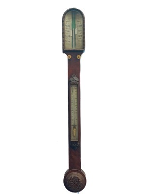 Lot 1721 - An early Victorian figured walnut stick barometer, by Heath, Plymouth.