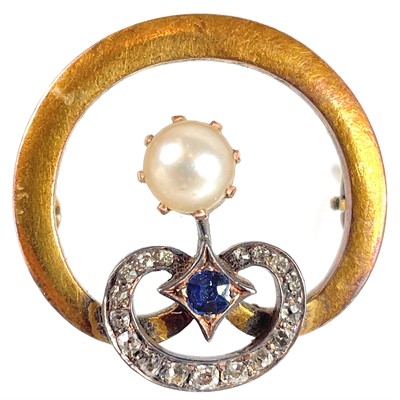 Lot 44 - A late 19th or early 20th century high purity rose gold diamond, pearl and sapphire set brooch.