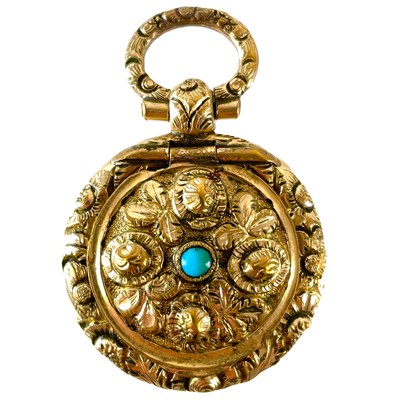 Lot 370 - A Victorian high purity gold (tests 18ct) turquoise set small locket pendant.