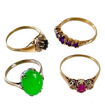 Lot 199 - Four 9ct gold stone set rings.