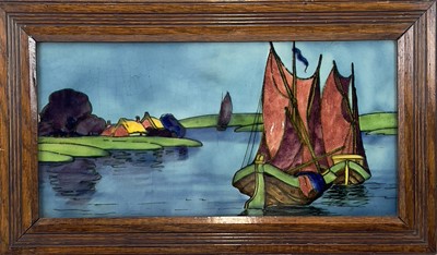 Lot 854 - A 20th century tile, depicting boats, houses etc.