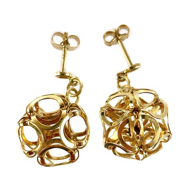 Lot 52 - A pair of modern 9ct gold spherical openwork pendant stud earrings.