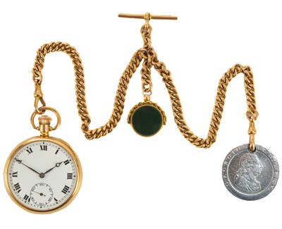 Lot 458 - A 1920's 9ct rose gold open face crown wind pocket watch and 9ct rose gold Albert watch chain.