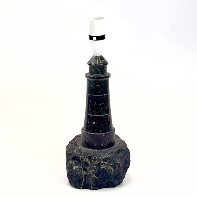 Lot 83 - Cornish Serpentine: A turned and polished table lamp in the form of a lighthouse.