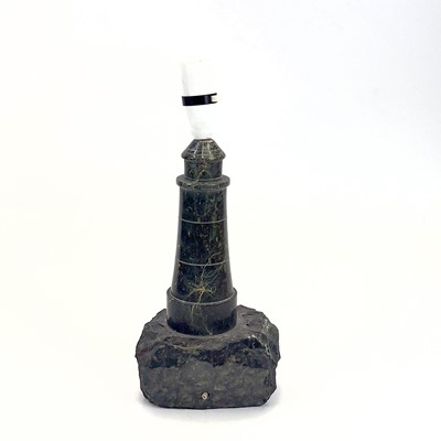 Lot 83 - Cornish Serpentine: A turned and polished table lamp in the form of a lighthouse.