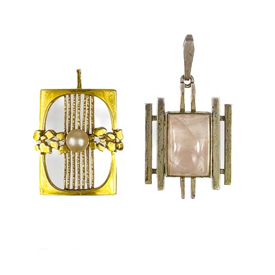 Lot 434 - A modernist silver rose quartz set pendant, and a gold plated pendant by Kordes & Lichtenfels.