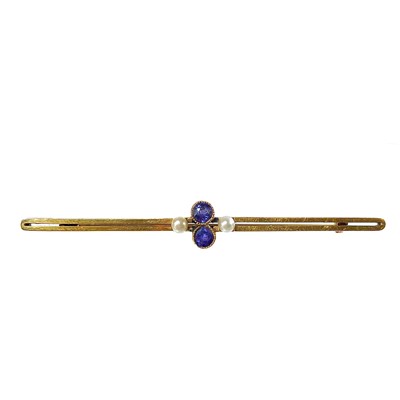 Lot 76 - An early 20th century gold bar brooch set with pearls and sapphires.