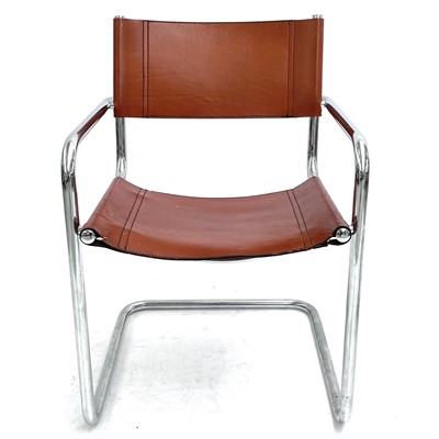 Lot 516 - A set of four Bauhaus-style chrome and leather cantilever dining chairs.