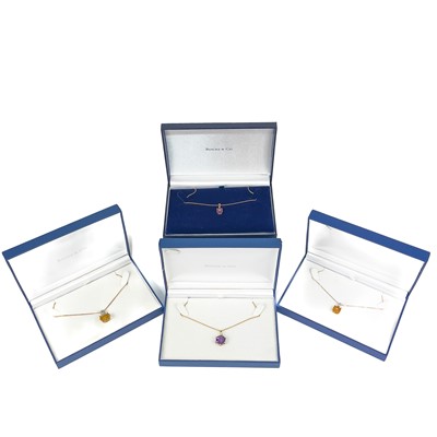 Lot 94 - Four 9ct contemporary gem and diamond set pendant necklaces by Rocks & Co.