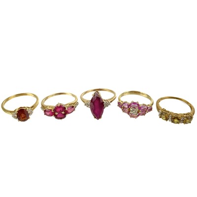 Lot 99 - Five contemporary 9ct hallmarked gold gem set rings.