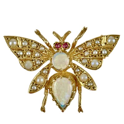 Lot 9 - A modern 9ct hallmarked gold opal, pearl and ruby set Bee brooch.