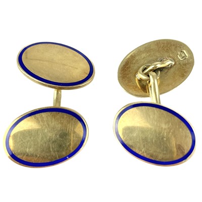 Lot 247 - A pair of 14ct gold and blue enamel cuff links.