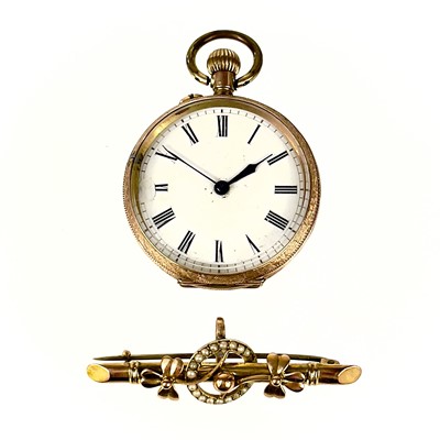 Lot 359 - A 9ct rose gold cased fob watch and a rose gold bar brooch.