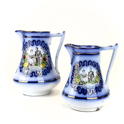 Lot 907 - Two 19th century blue flow ceramic jugs commemorating the marriage of Prince Fredrich of Prussia.