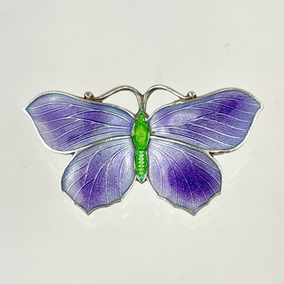 Lot 64 - A sterling silver and enamel butterfly brooch by John Atkins & Sons.