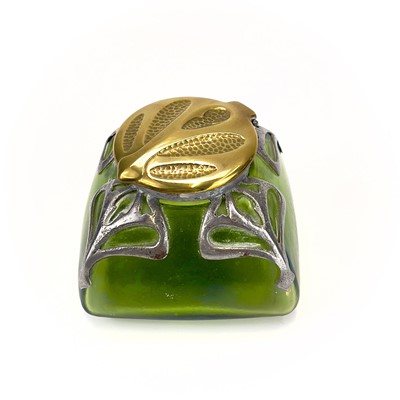 Lot 420 - An Art Nouveau iridescent green glass inkwell.