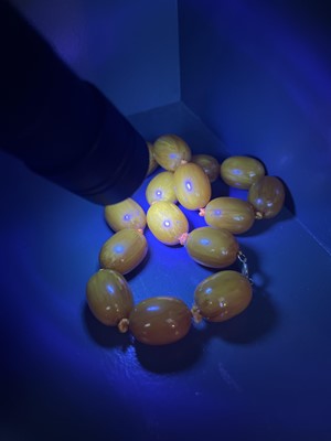 Lot 431 - An egg yoke butterscotch amber bakelite oval bead necklace.