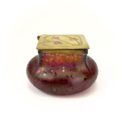 Lot 423 - A Loetz type ruby iridescent glass inkwell.