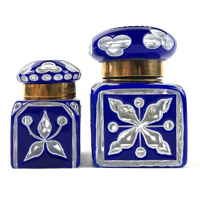 Lot 919 - A Bohemian heavy blue and white overlay glass inkwell.