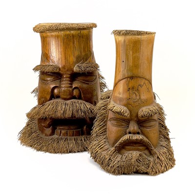 Lot 275 - Two oriental carved bamboo root masks of bearded men.