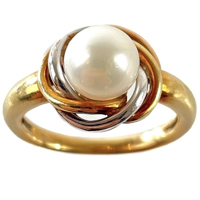 Lot 363 - A modern 18ct rose and white gold cultured pearl set ring.