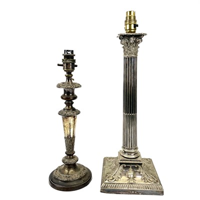 Lot 317 - A large silver plate Corinthian column table lamp.