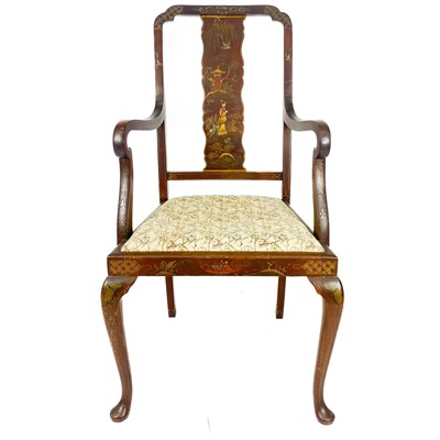 Lot 1846 - An early 20th century red lacquered Chinoiserie armchair.