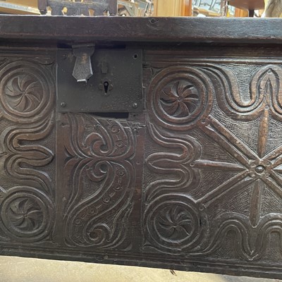 Lot 10 - A 17th century boarded oak coffer, probably West Country.