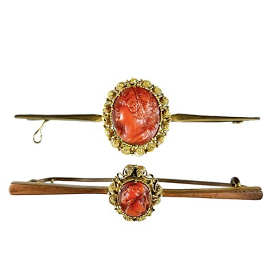 Lot 222 - Two gold filigree mounted, carved coral, cameo bar brooches.