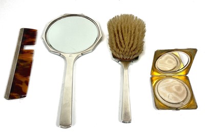 Lot 3 - An George VI Art Deco silver green guilloche enamel cased four piece dressing table set.
