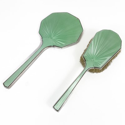 Lot 3 - An George VI Art Deco silver green guilloche enamel cased four piece dressing table set.