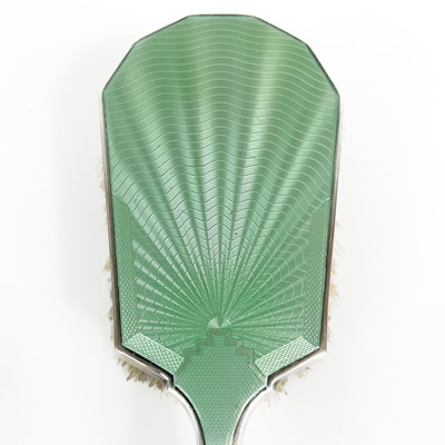 Lot 3 - An George VI Art Deco silver green guilloche enamel cased four piece dressing table set.