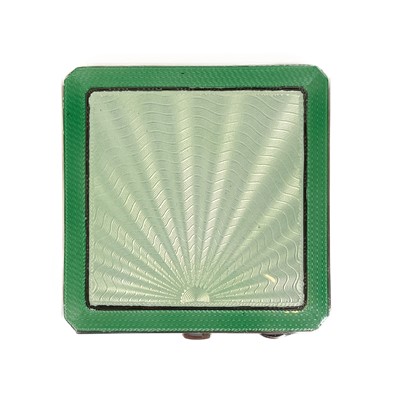 Lot 3 - An George VI Art Deco silver green guilloche enamel cased four piece dressing table set.