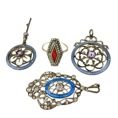 Lot 445 - Two Art Nouveau sterling silver, guilloche enamel and gem set pendants.