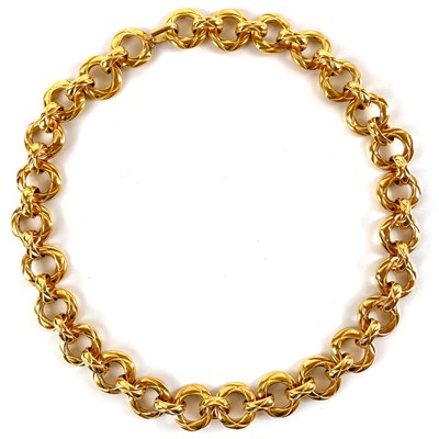 Lot 147 - A Chanel gold plated hoop long chain necklace.