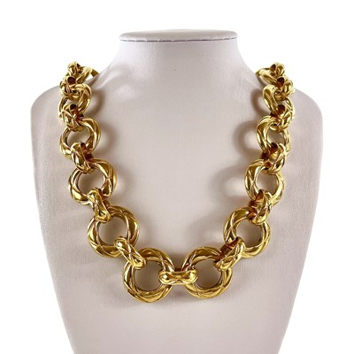 Lot 555 - A Chanel gold plated hoop long chain necklace.