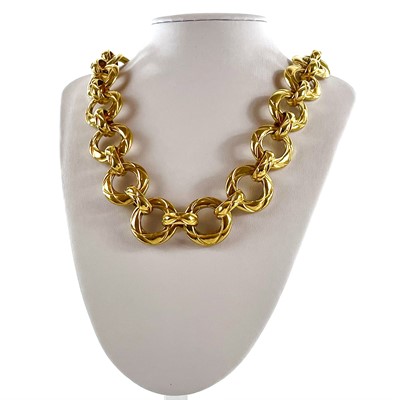 Lot 555 - A Chanel gold plated hoop long chain necklace.