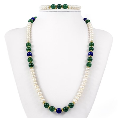 Lot 395 - A modern pearl , lapis lazuli and green jadeite and gold bead necklace with matching bracelet.