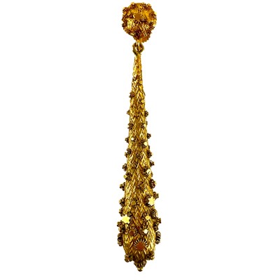 Lot 179 - A Victorian high purity gold torpedo drop pendant earring.