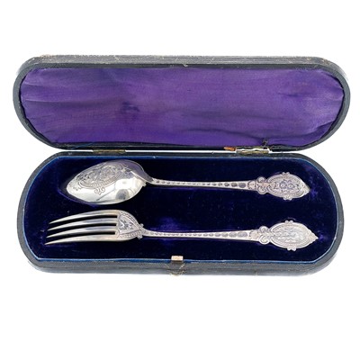 Lot 168 - A Victorian silver Christening fork and spoon cased set by George Unite.