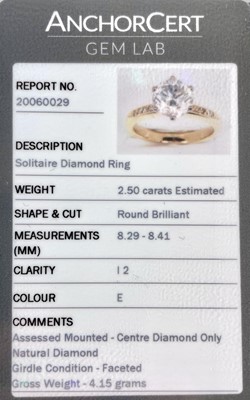 Lot 62 - A desirable 18ct 2.50ct colourless diamond solitaire ring with Anchorcert Gem Lab certificate.