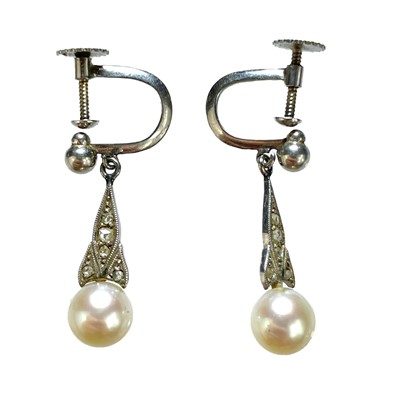 Lot 190 - A pair of early 20th century Swedish 18ct white gold pearl and diamond pendant earrings.