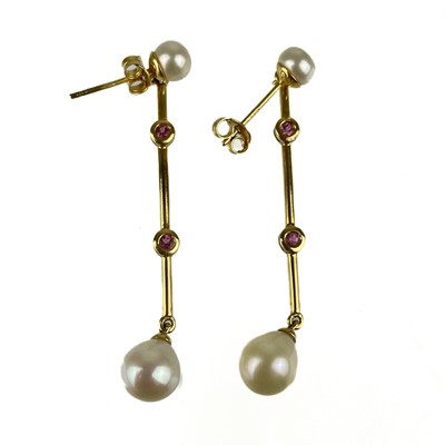 Lot 549 - Links Of London - a pair of 18ct cultured pearl and pink tourmaline set pendant earrings.